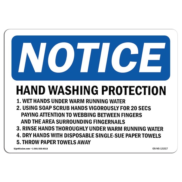 OSHA, Hand Washing Protection 1. Wet Hands Under, 18in X 12in Rigid Plastic, 12" W, 18" L, Landscape